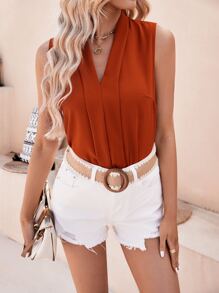 SHEIN Privé Solid Press Crease Blouse - Rust Brown - View 1