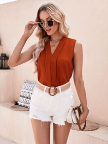 SHEIN Privé Solid Press Crease Blouse - Rust Brown - View 3