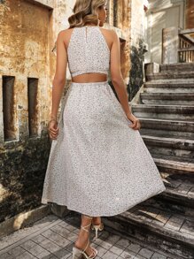 Breezaya 碎花印花镂空腰部吊带连衣裙长款女装 - 白色 - 查看 2