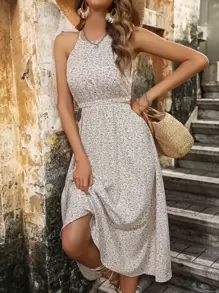 Breezaya 碎花印花镂空腰部吊带连衣裙长款女装 - 白色 - 查看 3