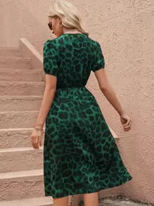 SHEIN Clasi Leopard Print Puff Sleeve Split Thigh Dress - Dark Green - View 2
