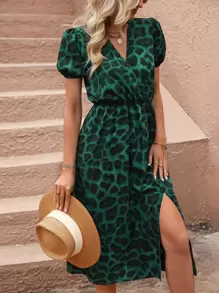 SHEIN Clasi Leopard Print Puff Sleeve Split Thigh Dress - Dark Green - View 3