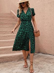 SHEIN Clasi Leopard Print Puff Sleeve Split Thigh Dress - Dark Green - View 4