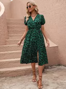 SHEIN Clasi Leopard Print Puff Sleeve Split Thigh Dress - Dark Green - View 5