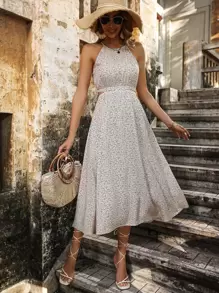 Breezaya 碎花印花镂空腰部吊带连衣裙长款女装 - 白色 - 查看 6