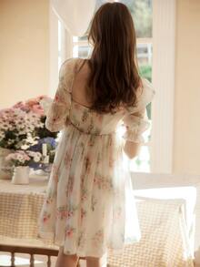 Floral Print Square Neck Puff Sleeve Organza Dress - White - View 2