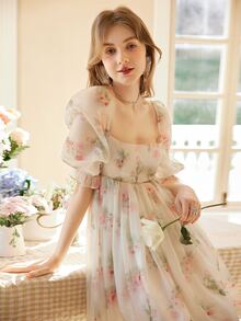 Floral Print Square Neck Puff Sleeve Organza Dress - White - View 4