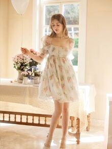 Floral Print Square Neck Puff Sleeve Organza Dress - White - View 6