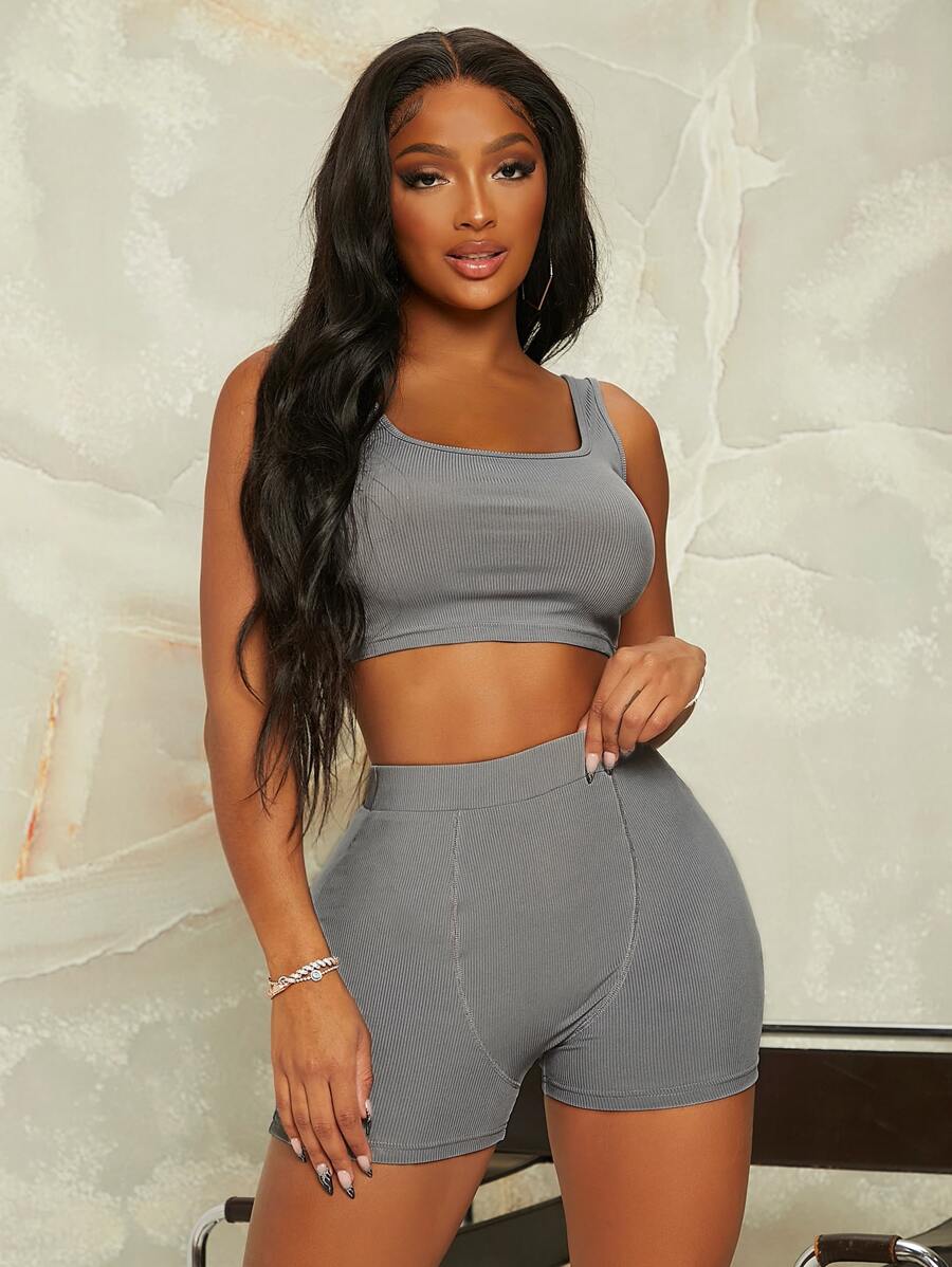 SHEIN SXY Ribbed Knit Tank Top & Cycling Shorts - Light Grey - View 1