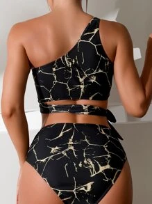 Marble Print One Shoulder High Waisted Bikini - Black - View 2