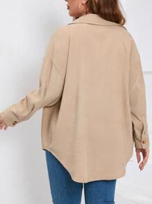 SHEIN Unity 大碼翻蓋口袋落肩袖襯衫 - 卡其色 - 查看 2