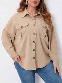 SHEIN Unity 大碼翻蓋口袋落肩袖襯衫 - 卡其色 - 查看 3