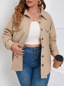 SHEIN Unity 大碼翻蓋口袋落肩袖襯衫 - 卡其色 - 查看 5