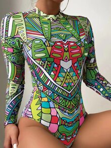 Allover Print Zip Back One Piece Swimsuit - Green - View 1