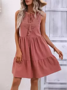 SHEIN LUNE Contrast Lace Tie Neck Ruffle Hem Smock Dress - Redwood - View 1