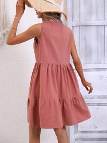 SHEIN LUNE Contrast Lace Tie Neck Ruffle Hem Smock Dress - Redwood - View 2