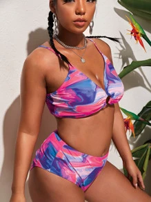 SHEIN Swim Curve Plus Size Marble Print Ring Linked Bikini Set Summer Beach - Multicolor - View 4