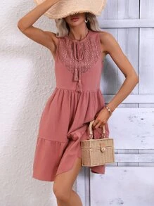 SHEIN LUNE Contrast Lace Tie Neck Ruffle Hem Smock Dress - Redwood - View 3
