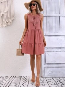 SHEIN LUNE Contrast Lace Tie Neck Ruffle Hem Smock Dress - Redwood - View 5