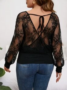 SHEIN Privé Plus Contrast Lace Raglan Sleeve V Neck Top - Black - View 2