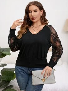 SHEIN Privé Plus Contrast Lace Raglan Sleeve V Neck Top - Black - View 5