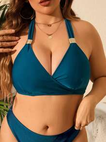SHEIN Swim Curve Plus Solid Halter Bikini Top, For Summer Beach Vacation - Teal Blue - View 1
