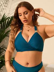 SHEIN Swim Curve Plus Solid Halter Bikini Top, For Summer Beach Vacation - Teal Blue - View 3