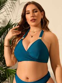 SHEIN Swim Curve Plus Solid Halter Bikini Top, For Summer Beach Vacation - Teal Blue - View 4