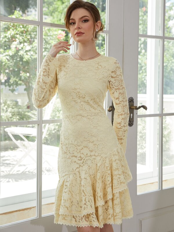 Zip Back Layered Hem Lace Dress SHEIN USA