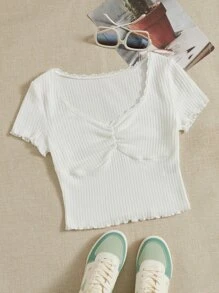 SHEIN MOD Balletcore Lettuce Trim Ruched Front Tee - White - View 1