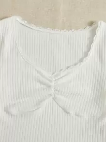 SHEIN MOD Balletcore Lettuce Trim Ruched Front Tee - White - View 3