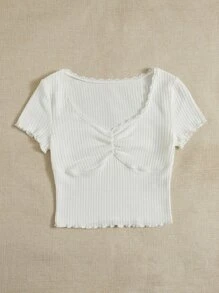 SHEIN MOD Balletcore Lettuce Trim Ruched Front Tee - White - View 5