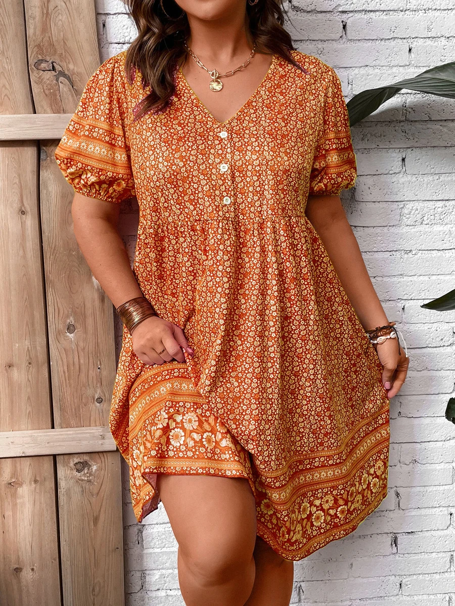 SHEIN Holidaya Plus Ditsy Floral Print Puff Sleeve Dress - Orange - View 1