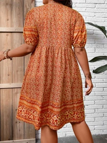 SHEIN Holidaya Plus Ditsy Floral Print Puff Sleeve Dress - Orange - View 2