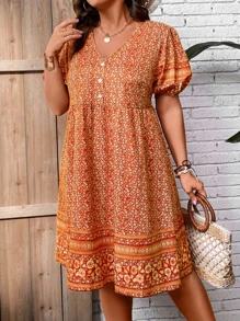 SHEIN Holidaya Plus Ditsy Floral Print Puff Sleeve Dress - Orange - View 3