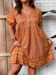 SHEIN Holidaya Plus Ditsy Floral Print Puff Sleeve Dress - Orange - View 4