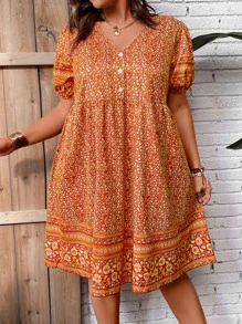 SHEIN Holidaya Plus Ditsy Floral Print Puff Sleeve Dress - Orange - View 5