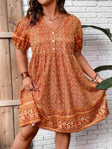 SHEIN Holidaya Plus Ditsy Floral Print Puff Sleeve Dress - Orange - View 6