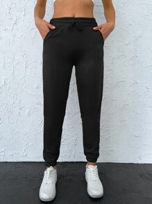 Cottnline Drawstring Waist Slant Pocket Joggers - Black - View 1