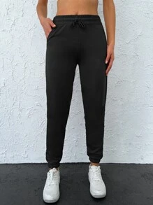 Cottnline Drawstring Waist Slant Pocket Joggers - Black - View 3