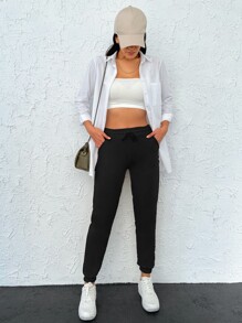Cottnline Drawstring Waist Slant Pocket Joggers - Black - View 4