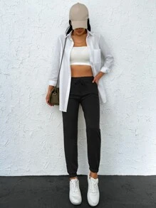 Cottnline Drawstring Waist Slant Pocket Joggers - Black - View 5