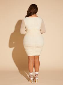 SHEIN SXY Vestido ajustado con abertura fruncido de malla - Albaricoque - Ver 2