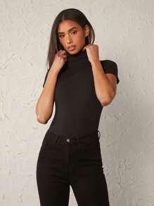 SHEIN BASICS Turtle Neck Rib-Knit Tee - Black - View 3