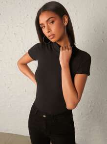 SHEIN BASICS Turtle Neck Rib-Knit Tee - Black - View 6