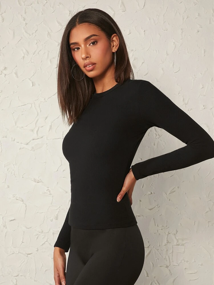 Solid Ribbed Knit Round Neck Casual Tee