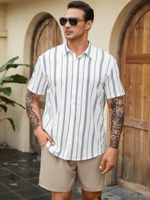Manfinity Homme Camisa de hombre con estampado de rayas - Blanco - Ver 1