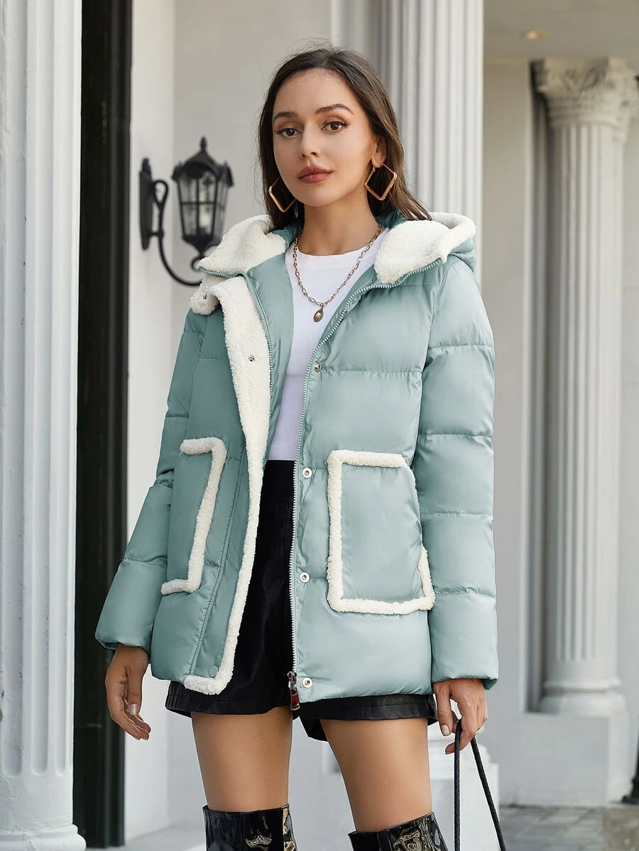 ZIAI Contrast Trim Hooded Padded Coat - Mint Blue - View 1