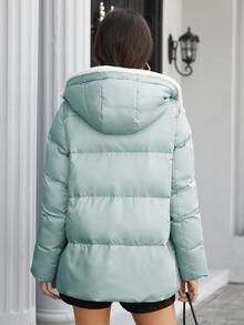 ZIAI Contrast Trim Hooded Padded Coat - Mint Blue - View 2