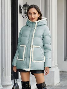 ZIAI Contrast Trim Hooded Padded Coat - Mint Blue - View 5